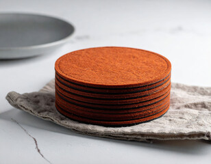 Stack of round burnt orange felt coasters on a grey linen napkin with a plate in the background