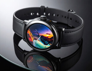 Modern black leather smart watch with vibrant colorful digital display on reflective surface