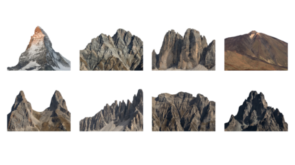 Mountain Peak Landscape Photo Elements Set Featuring Matterhorn Alps Volcano Ridge Crags and Rugged Granite Summits Cut Out On White