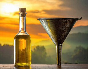 Glass bottle of golden oil next to a vintage metal funnel against a sunset landscape