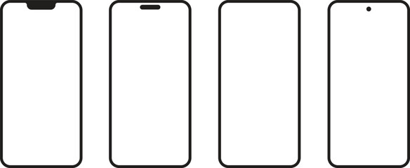 A set of four minimalist smartphone frames arranged in a row, suitable for app design mockups, web banners, and UI elements