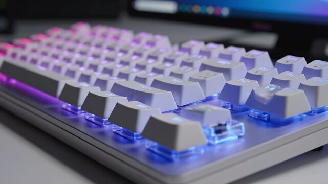 Close-up of a white mechanical keyboard with vibrant RGB backlighting illuminating the keys