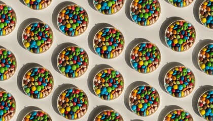 Candy flat-lay pattern with repetitive colorful arrangement on clean background, playful and modern look ideal for sweets, packaging, branding, and creative graphic design use.