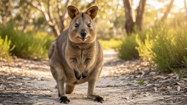 A quokka standing on a path in a forested area with sunlight filtering through the trees.