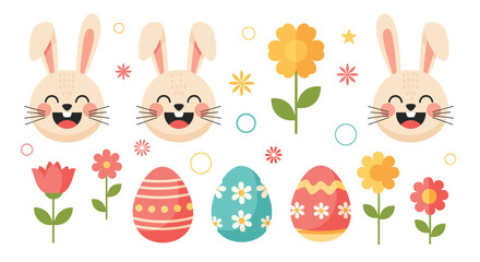 Fototapeta premium Easter holiday decoration elements set with bunny faces painted eggs and colorful spring flowers.