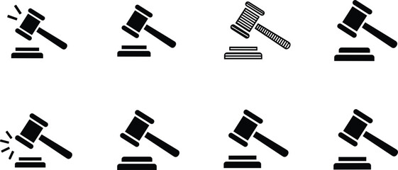 Obraz premium Set of eight solid black legal gavel icons featuring various hammer angles and striking positions for law justice.