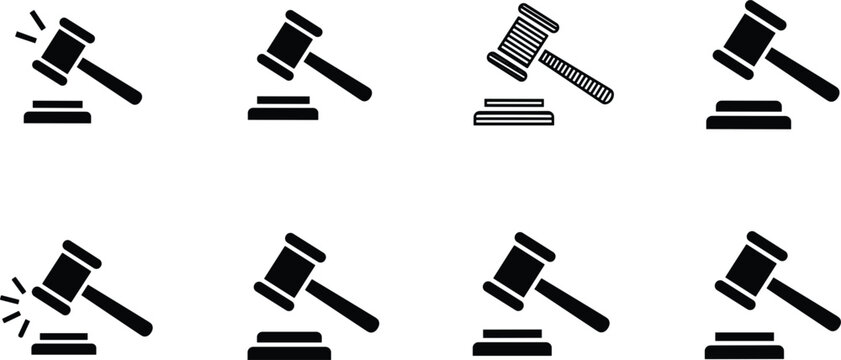 Set of eight solid black legal gavel icons featuring various hammer angles and striking positions for law justice.