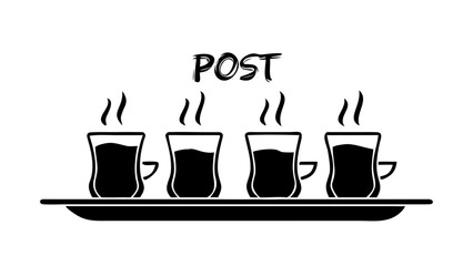 Obraz premium A silhouette of several small tea glasses on a tray with steam rising, symbolizing post-Iftar rest.