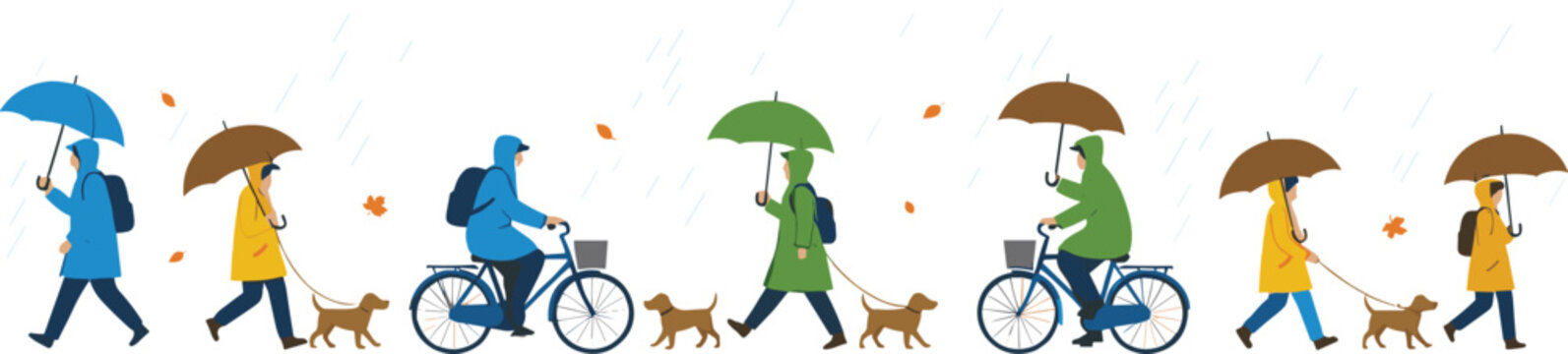 Rainy Autumn City Lifestyle Illustration with People Walking Dogs, Riding Bicycles, Holding Umbrellas, and Daily Outdoor Activities in Fall Weather Scene