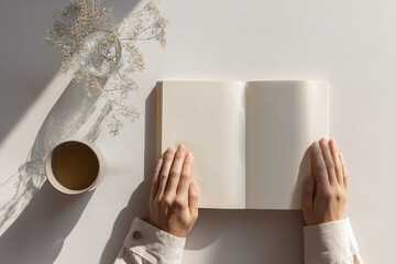 Overhead flat lay of a tidy work desk with hands resting near a notebook. Soft natural light, warm neutral tones, and copy space create a mindful work and slow living atmosphere for commercial stock u