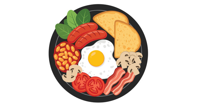 Hearty english breakfast plate with fried egg sausages beans bacon mushrooms tomatoes and toast.