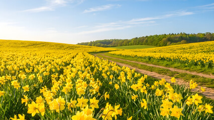 Spring Nature Concept: Field of yellow daffodils under blue sky, vibrant ...
