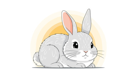 Adorable grey bunny rabbit sitting peacefully in front of a warm yellow circular glow, perfect for animal and nature-themed designs.