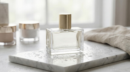 Elegant glass perfume bottle with gold cap on marble surface with water droplets