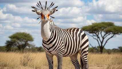 Fototapeta premium A Secretary Bird with a zebra-like body in a grassy field with trees in the background.