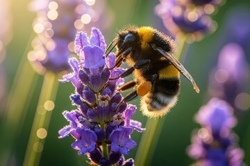 Fluffy bumblebee gathering nectar from vibrant lavender, morning dew glistening on petals and insect's fur, soft sunlight illuminating the scene