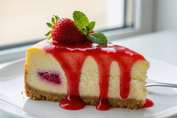 Delicious slice of strawberry cheesecake, generously drizzled with vibrant berry sauce and crowned with fresh mint