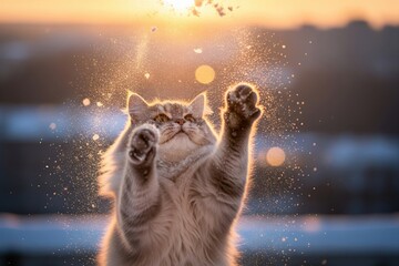 A playful cat leaps to catch falling snow flakes during a golden hour winter sunset, its paws reaching out in delight