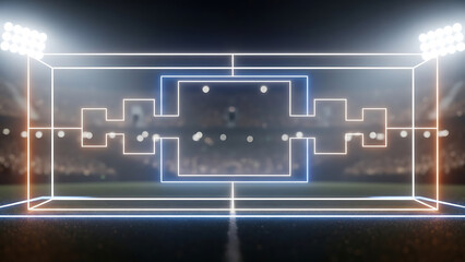 Futuristic soccer field with neon lines and stadium lights, 3D rendering.