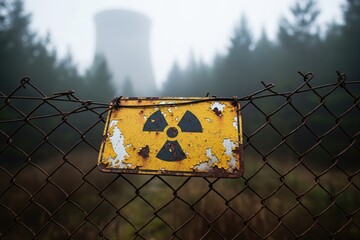 Weathered radiation sign on rusty chain-link fence, foggy forest and abandoned tower backdrop