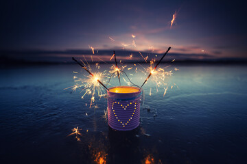 lightning sparklers in a heart lantern on the frozen sea on valentines day	