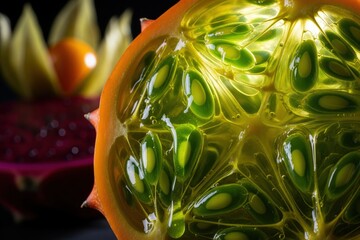 Macro view of a halved kiwano melon's vibrant neon green jelly seeds, glistening with juice under studio lights, revealing a detailed, wet, gooey texture