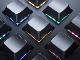 Close-up of illuminated mechanical keyboard keycaps with vibrant RGB lighting effects