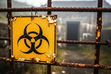 Grungy close-up of a peeling yellow Biohazard warning sign on a heavy rusty rebar fence blocking an abandoned complex entrance