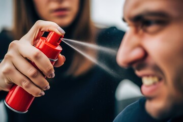 Woman's hand deploying red pepper spray directly into an aggressor's face for personal safety defense on the street