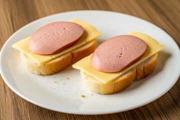 Two simple open-face sandwiches with white bread, cheese slices, and thick bologna rounds on a white plate