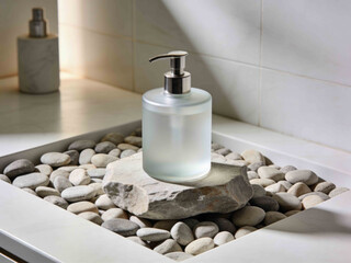 Modern bathroom soap dispenser on a stone pedestal surrounded by smooth river pebbles