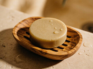 Natural solid bar soap with water droplets on a wooden soap dish