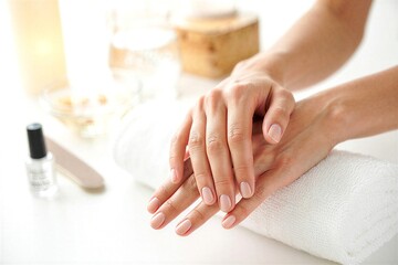 Woman hands with manicured nails on white towel in spa with nail polish and tools