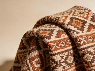 Close-up of a woven textile with geometric patterns in earthy tones of brown and beige