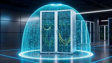 A futuristic server room with a large blue dome and glowing lights