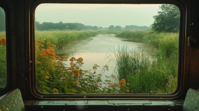 Morning wetlands ride video LoFi animation. Slow train glides past serene grasses river ripples. Animated Lo-Fi aesthetic footage 4K clip motion graphics with floating dust particles