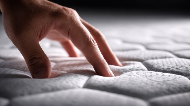 Close up of a hand pressing on a soft white quilted mattress to test its comfort and support