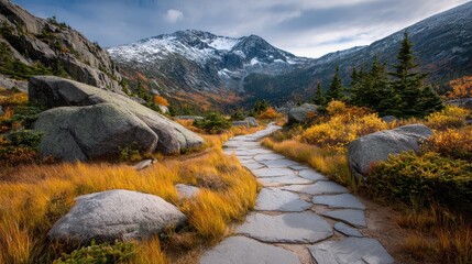 Scenic Autumn Mountain Landscape with Stone Path, Golden Grass, and Snow-Capped Peaks