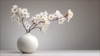 White spring blossoms in a modern ceramic vase on a light grey background