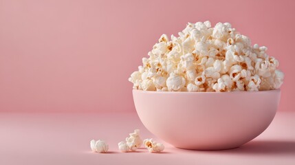 Freshly popped popcorn in a pink bowl on a pink background