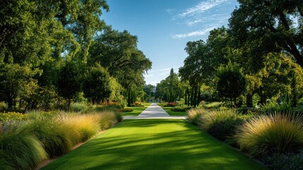 Beautiful Lush Garden Park with a Long Green Lawn and Paved Walkway under a Clear Blue Sky