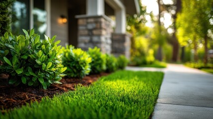 Lush Green Lawn and Landscaped Garden with Concrete Pathway Leading to a House