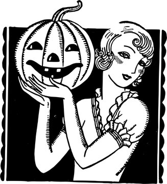 Vintage Flapper Girl Holding Jack O&rsquo;Lantern Mask, Retro Black and White Halloween Illustration in Art Deco Style