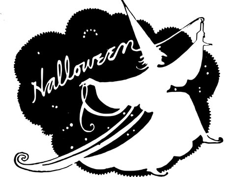 Vintage Halloween Witch Silhouette with Handwritten Lettering, Retro Black and White Woodcut Style Illustration