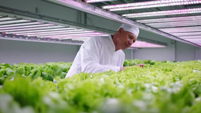 Medium shot of scientist adjusting LED spectrum settings on growth chamber customizing light wavelengths for optimal plant development in laboratory environment.