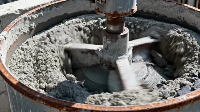 Closeup of ecofriendly cement alternatives being mixed showcasing sustainable binders like fly ash and slag in an industrial setting.