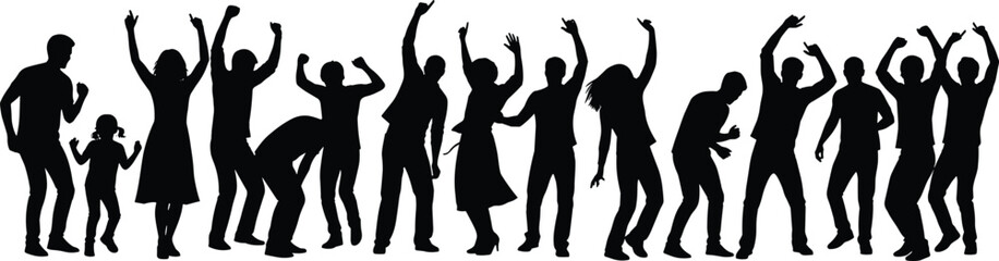 Silhouettes of diverse people dancing together, family and friends celebration, joyful party crowd, energetic lifestyle, social unity background illustration