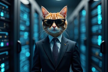 Cool Cat Chief Engineer connecting global data center networking in mainframe server room of storage systems