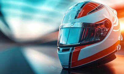 Obraz premium A vibrant racing helmet, showcasing design with dynamic colors, ready for speed and competition.