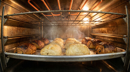 Freshly Baked Pain au Chocolat Steaming Hot, Golden Brown Pastries Baking Inside a Warm Oven